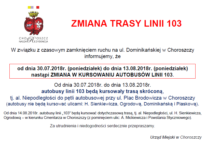 Zmiana trasy linii 103_30.07-13.08.2018_OGŁOSZENIE