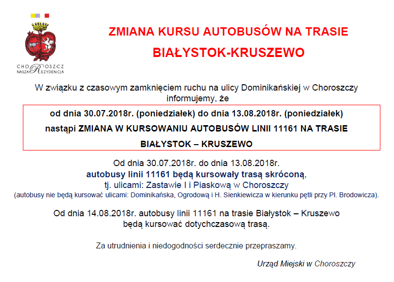 Zmiana trasy linii Białystok-Kruszewo_30.07-13.08.2018-OGŁOSZENIE